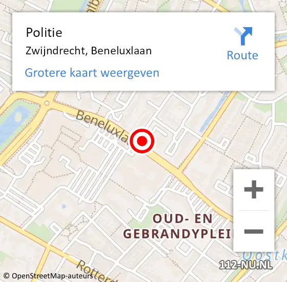 Locatie op kaart van de 112 melding: Politie Zwijndrecht, Beneluxlaan op 3 mei 2023 20:06