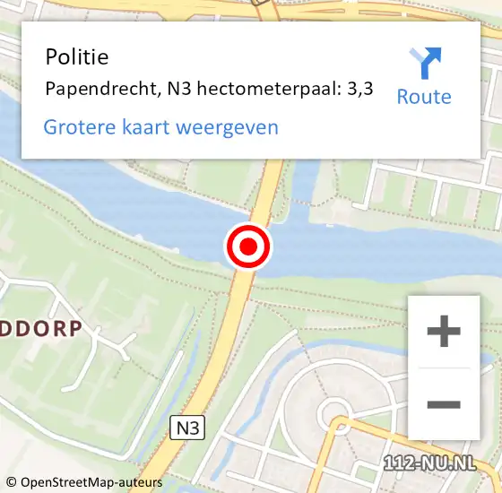 Locatie op kaart van de 112 melding: Politie Papendrecht, N3 hectometerpaal: 3,3 op 3 mei 2023 20:36