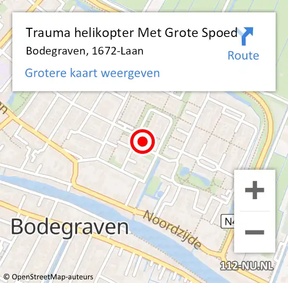 Locatie op kaart van de 112 melding: Trauma helikopter Met Grote Spoed Naar Bodegraven, 1672-Laan op 3 mei 2023 20:37