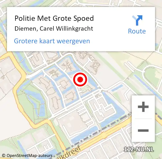 Locatie op kaart van de 112 melding: Politie Met Grote Spoed Naar Diemen, Carel Willinkgracht op 3 mei 2023 22:12