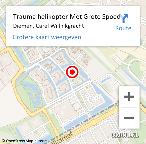 Locatie op kaart van de 112 melding: Trauma helikopter Met Grote Spoed Naar Diemen, Carel Willinkgracht op 3 mei 2023 22:12