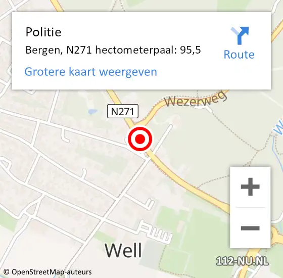 Locatie op kaart van de 112 melding: Politie Bergen, N271 hectometerpaal: 95,5 op 4 mei 2023 07:11