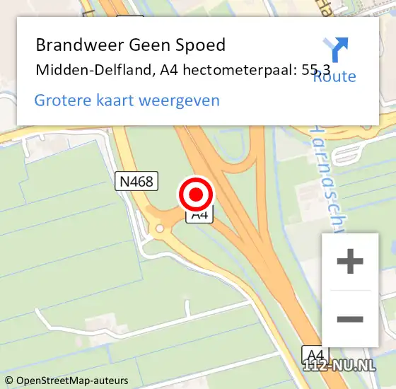 Locatie op kaart van de 112 melding: Brandweer Geen Spoed Naar Midden-Delfland, A4 hectometerpaal: 55,3 op 4 mei 2023 07:33