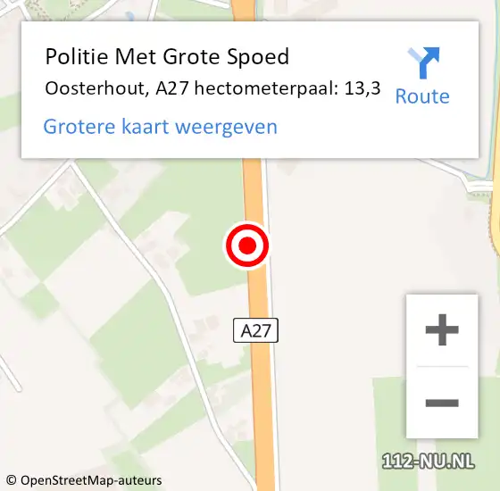 Locatie op kaart van de 112 melding: Politie Met Grote Spoed Naar Oosterhout, A27 hectometerpaal: 13,3 op 4 mei 2023 09:37