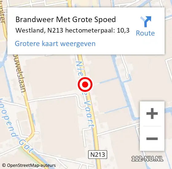 Locatie op kaart van de 112 melding: Brandweer Met Grote Spoed Naar Westland, N213 hectometerpaal: 10,3 op 4 mei 2023 09:59