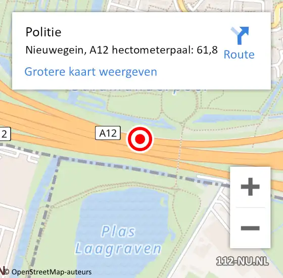 Locatie op kaart van de 112 melding: Politie Nieuwegein, A12 hectometerpaal: 61,8 op 4 mei 2023 10:08