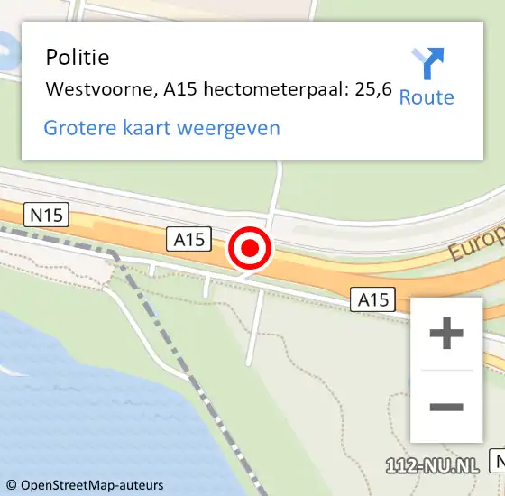 Locatie op kaart van de 112 melding: Politie Westvoorne, A15 hectometerpaal: 25,6 op 4 mei 2023 10:21