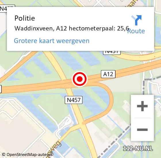 Locatie op kaart van de 112 melding: Politie Waddinxveen, A12 hectometerpaal: 25,6 op 4 mei 2023 10:50