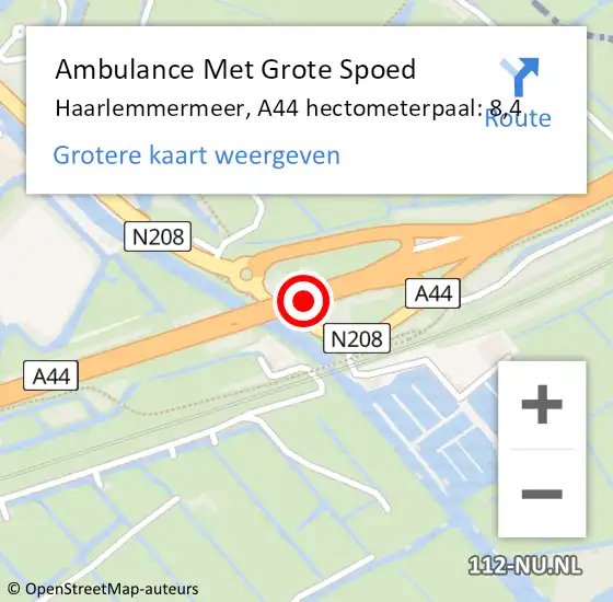 Locatie op kaart van de 112 melding: Ambulance Met Grote Spoed Naar Haarlemmermeer, A44 hectometerpaal: 8,4 op 4 mei 2023 16:38