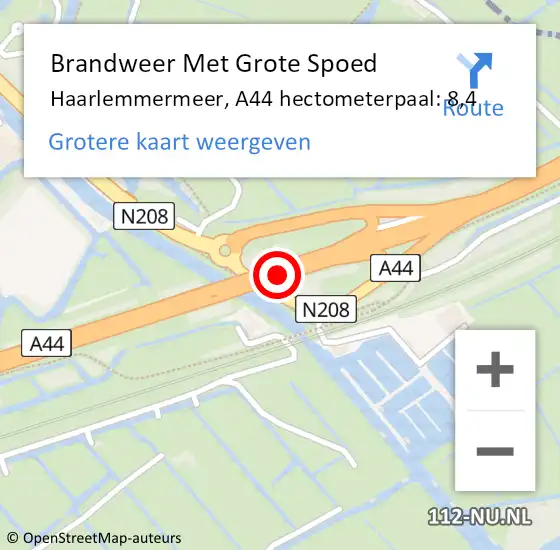 Locatie op kaart van de 112 melding: Brandweer Met Grote Spoed Naar Haarlemmermeer, A44 hectometerpaal: 8,4 op 4 mei 2023 16:42