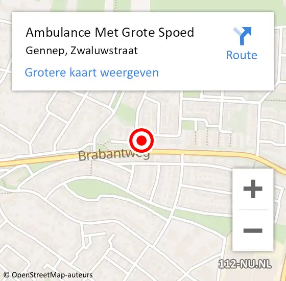 Locatie op kaart van de 112 melding: Ambulance Met Grote Spoed Naar Gennep, Zwaluwstraat op 4 mei 2023 17:28