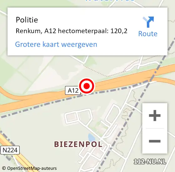 Locatie op kaart van de 112 melding: Politie Renkum, A12 hectometerpaal: 120,2 op 4 mei 2023 18:00