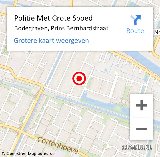 Locatie op kaart van de 112 melding: Politie Met Grote Spoed Naar Bodegraven, Prins Bernhardstraat op 4 mei 2023 21:48