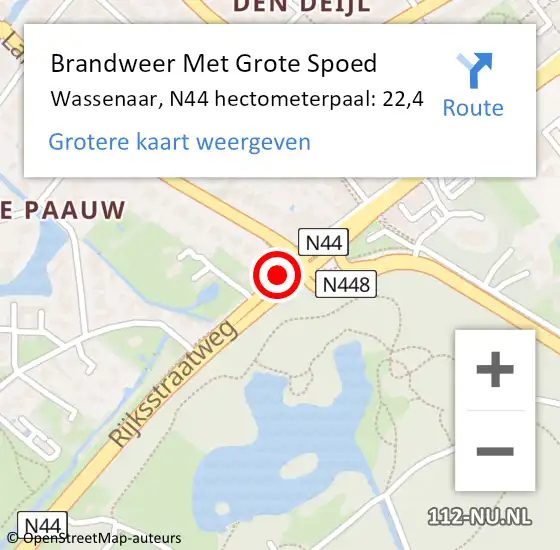 Locatie op kaart van de 112 melding: Brandweer Met Grote Spoed Naar Wassenaar, A44 hectometerpaal: 22,4 op 4 mei 2023 22:44