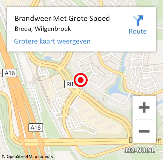 Locatie op kaart van de 112 melding: Brandweer Met Grote Spoed Naar Breda, Wilgenbroek op 5 mei 2023 00:38