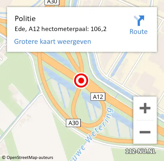 Locatie op kaart van de 112 melding: Politie Ede, A12 hectometerpaal: 106,2 op 5 mei 2023 00:46