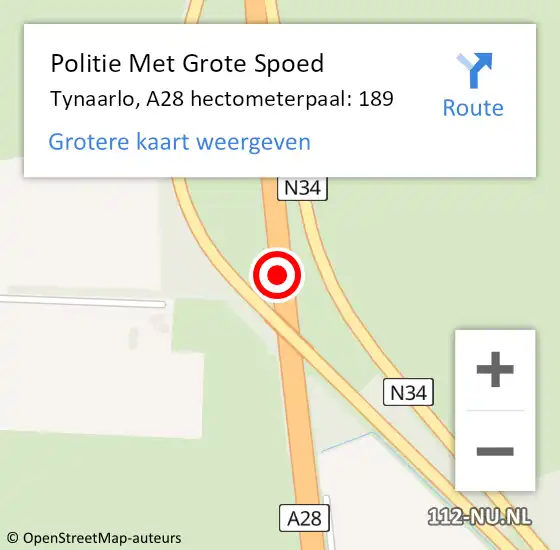 Locatie op kaart van de 112 melding: Politie Met Grote Spoed Naar Tynaarlo, A28 hectometerpaal: 189 op 5 mei 2023 05:53