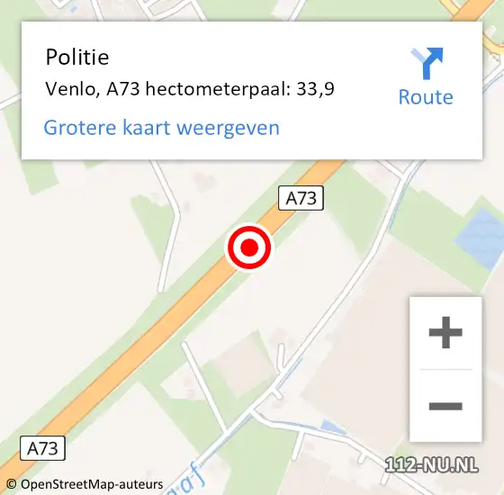 Locatie op kaart van de 112 melding: Politie Venlo, A73 hectometerpaal: 33,9 op 5 mei 2023 06:22