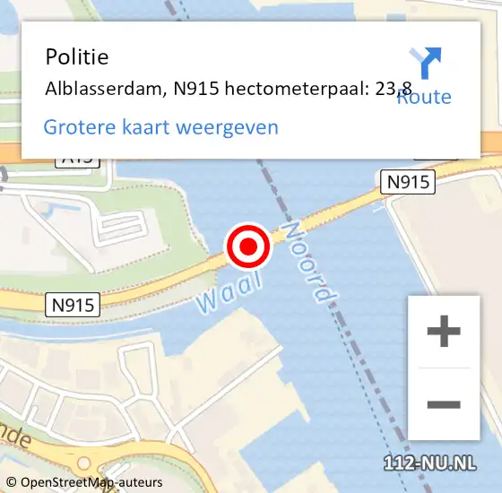 Locatie op kaart van de 112 melding: Politie Alblasserdam, N915 hectometerpaal: 23,8 op 5 mei 2023 08:53