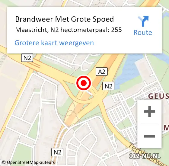 Locatie op kaart van de 112 melding: Brandweer Met Grote Spoed Naar Maastricht, N2 hectometerpaal: 255 op 5 mei 2023 10:48