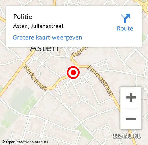Locatie op kaart van de 112 melding: Politie Asten, Julianastraat op 5 mei 2023 11:40
