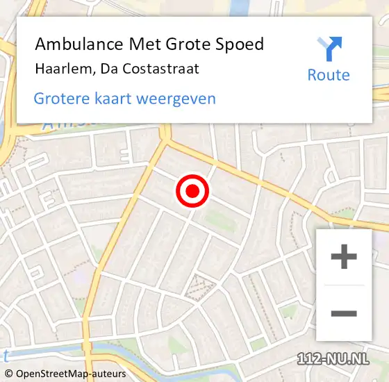 Locatie op kaart van de 112 melding: Ambulance Met Grote Spoed Naar Haarlem, Da Costastraat op 5 mei 2023 13:56