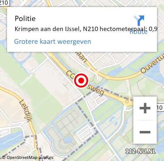 Locatie op kaart van de 112 melding: Politie Krimpen aan den IJssel, N210 hectometerpaal: 0,9 op 5 mei 2023 13:56