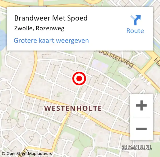 Locatie op kaart van de 112 melding: Brandweer Met Spoed Naar Zwolle, Rozenweg op 5 mei 2023 14:02