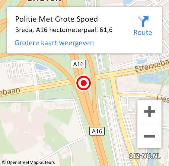 Locatie op kaart van de 112 melding: Politie Met Grote Spoed Naar Breda, A16 hectometerpaal: 61,6 op 5 mei 2023 15:11