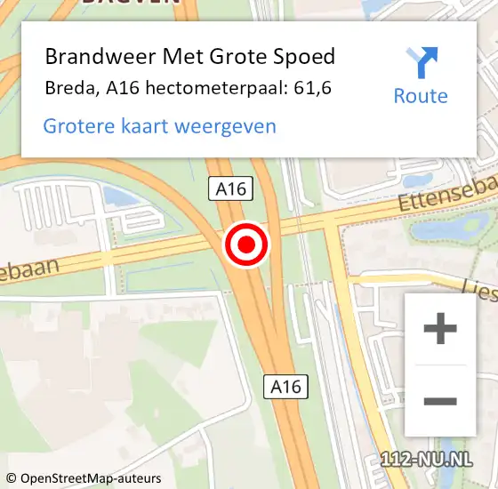 Locatie op kaart van de 112 melding: Brandweer Met Grote Spoed Naar Breda, A16 hectometerpaal: 61,6 op 5 mei 2023 15:12