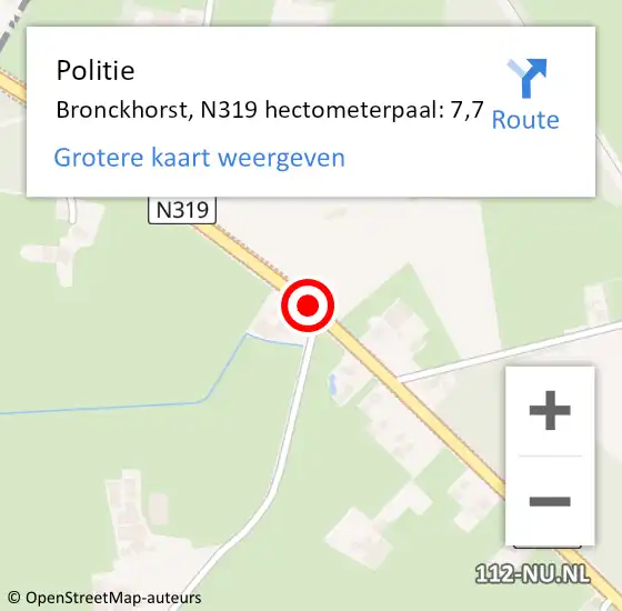 Locatie op kaart van de 112 melding: Politie Bronckhorst, N319 hectometerpaal: 7,7 op 5 mei 2023 15:21