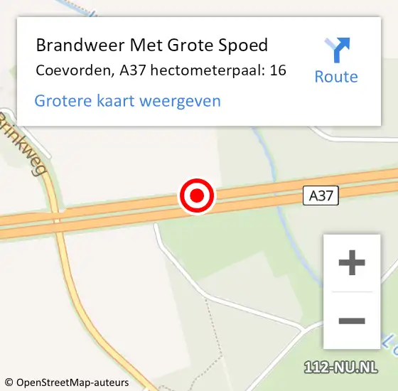 Locatie op kaart van de 112 melding: Brandweer Met Grote Spoed Naar Coevorden, A37 hectometerpaal: 16 op 5 mei 2023 15:23