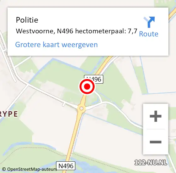 Locatie op kaart van de 112 melding: Politie Westvoorne, N496 hectometerpaal: 7,7 op 5 mei 2023 15:37