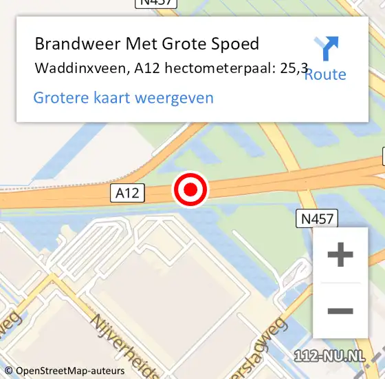 Locatie op kaart van de 112 melding: Brandweer Met Grote Spoed Naar Waddinxveen, A12 hectometerpaal: 25,3 op 5 mei 2023 16:37