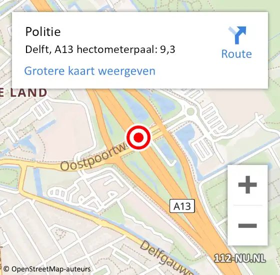 Locatie op kaart van de 112 melding: Politie Delft, A13 hectometerpaal: 9,3 op 5 mei 2023 16:49