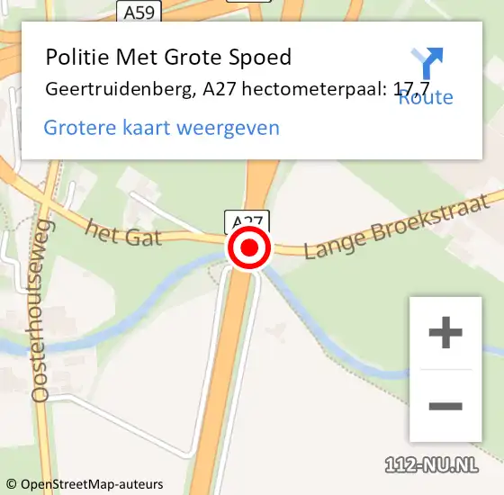 Locatie op kaart van de 112 melding: Politie Met Grote Spoed Naar Geertruidenberg, A27 hectometerpaal: 17,7 op 5 mei 2023 18:52