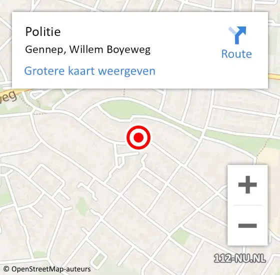Locatie op kaart van de 112 melding: Politie Gennep, Willem Boyeweg op 5 mei 2023 20:59
