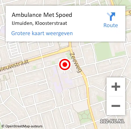 Locatie op kaart van de 112 melding: Ambulance Met Spoed Naar IJmuiden, Kloosterstraat op 6 mei 2023 04:01