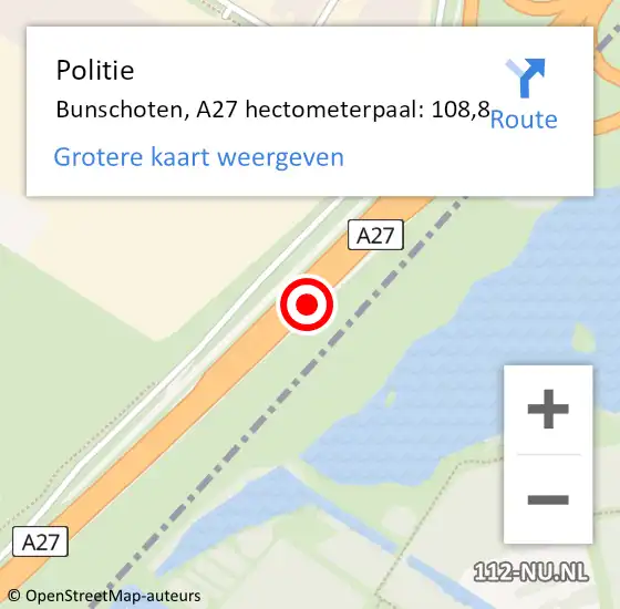 Locatie op kaart van de 112 melding: Politie Bunschoten, A27 hectometerpaal: 108,8 op 6 mei 2023 04:34