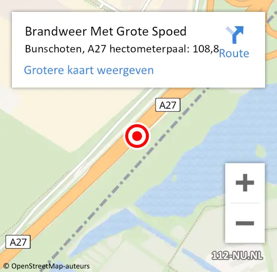 Locatie op kaart van de 112 melding: Brandweer Met Grote Spoed Naar Bunschoten, A27 hectometerpaal: 108,8 op 6 mei 2023 04:34