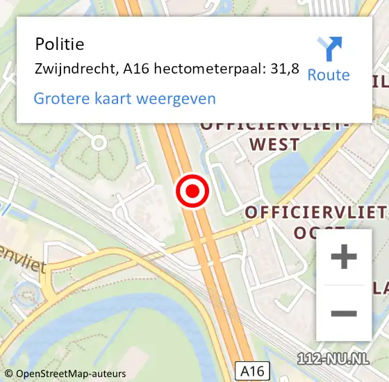 Locatie op kaart van de 112 melding: Politie Zwijndrecht, A16 hectometerpaal: 31,8 op 6 mei 2023 09:54