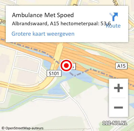 Locatie op kaart van de 112 melding: Ambulance Met Spoed Naar Albrandswaard, A15 hectometerpaal: 53,6 op 6 mei 2023 13:31