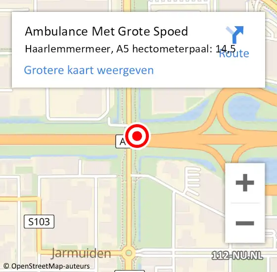 Locatie op kaart van de 112 melding: Ambulance Met Grote Spoed Naar Haarlemmermeer, A5 hectometerpaal: 14,5 op 6 mei 2023 14:33