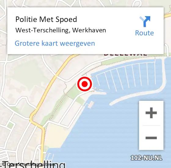 Locatie op kaart van de 112 melding: Politie Met Spoed Naar West-Terschelling, Werkhaven op 6 mei 2023 18:03