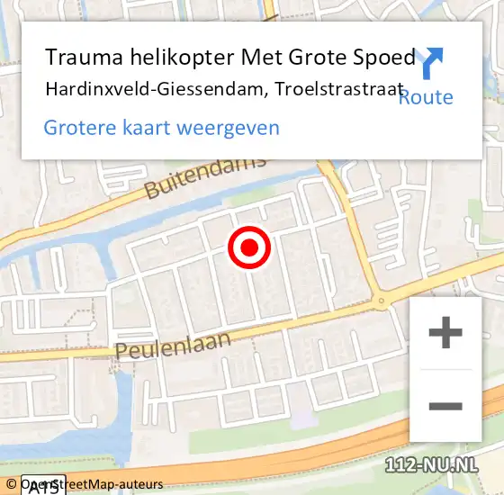 Locatie op kaart van de 112 melding: Trauma helikopter Met Grote Spoed Naar Hardinxveld-Giessendam, Troelstrastraat op 6 mei 2023 19:12