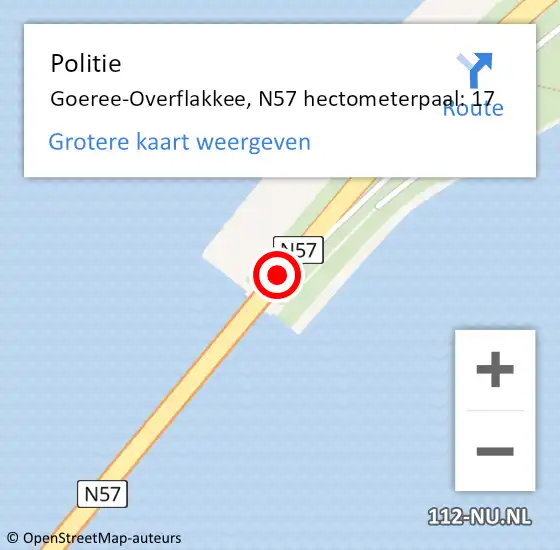 Locatie op kaart van de 112 melding: Politie Goeree-Overflakkee, N57 hectometerpaal: 17 op 6 mei 2023 20:35