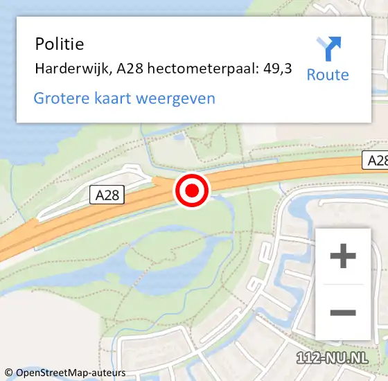 Locatie op kaart van de 112 melding: Politie Harderwijk, A28 hectometerpaal: 49,3 op 6 mei 2023 20:50