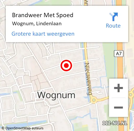 Locatie op kaart van de 112 melding: Brandweer Met Spoed Naar Wognum, Lindenlaan op 6 mei 2023 21:57