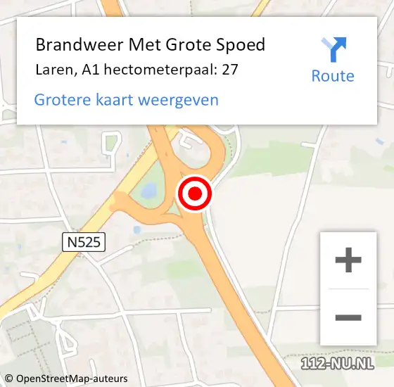 Locatie op kaart van de 112 melding: Brandweer Met Grote Spoed Naar Laren, A1 hectometerpaal: 27 op 7 mei 2023 11:47