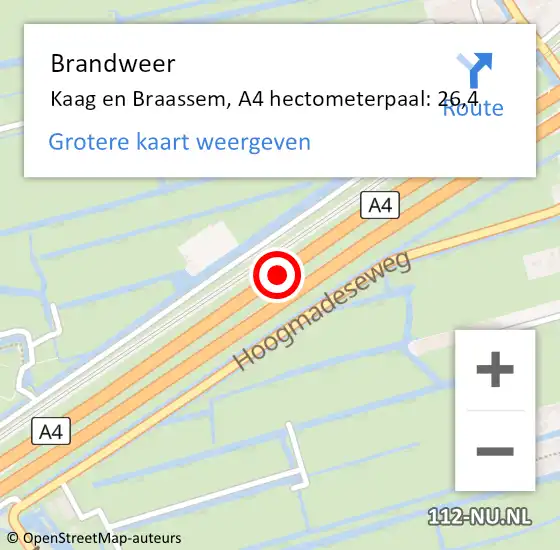 Locatie op kaart van de 112 melding: Brandweer Kaag en Braassem, A4 hectometerpaal: 26,4 op 7 mei 2023 12:54